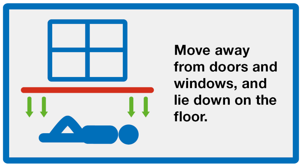 Hide: Move away form doors and windows, and lie down on the floor
