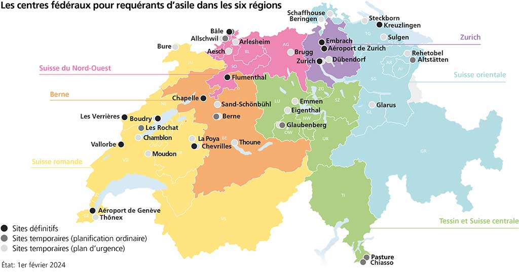 Carte de la Suisse avec les centres fédéraux pour requérants d’asile dans les six régions